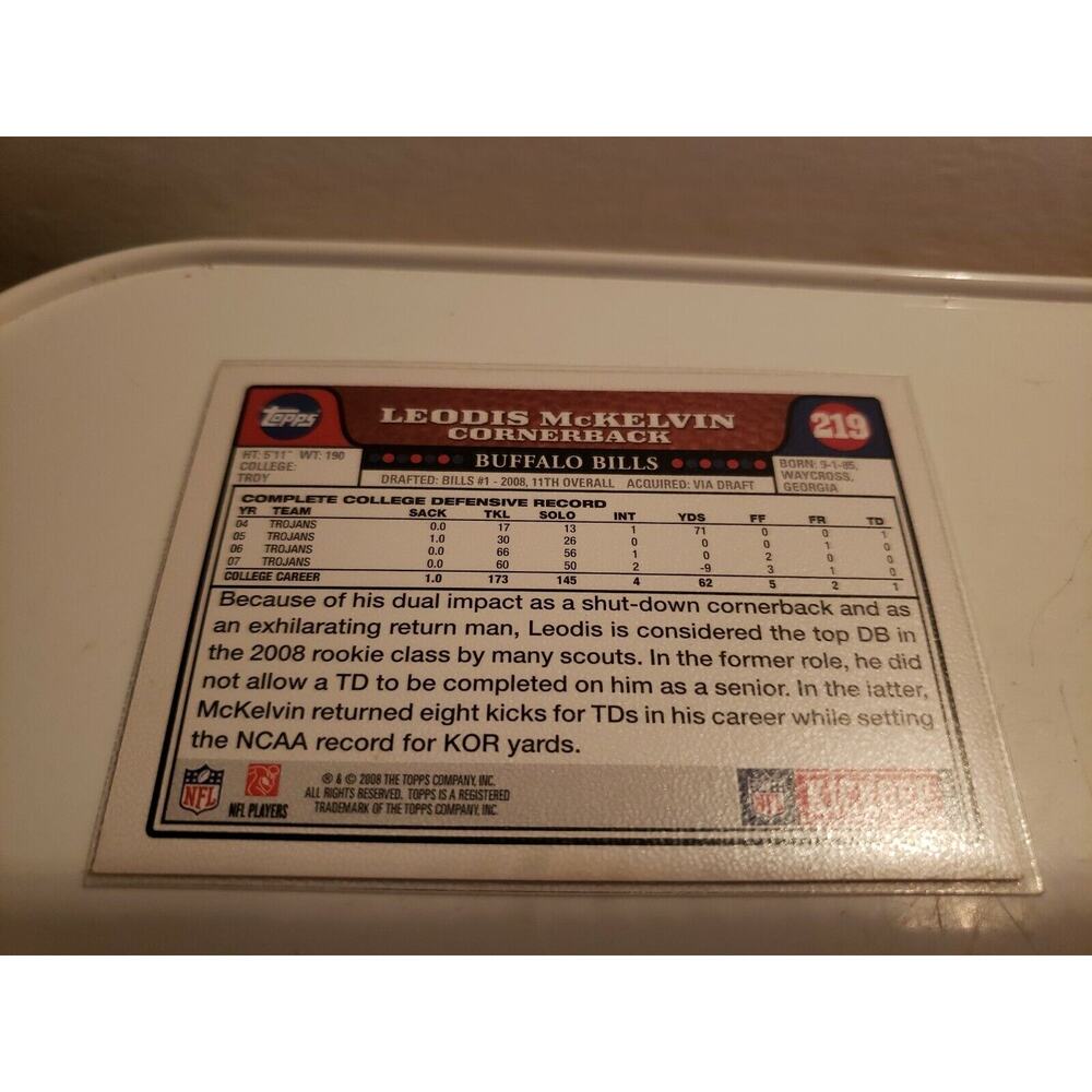 Leodis McKelvin 2008 Topps #219 - Rookie Card - Buffalo Bills - NFL - Picture 2 of 2